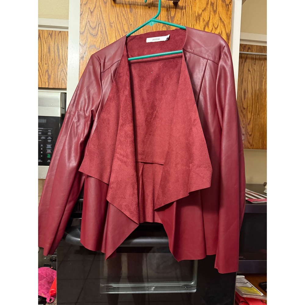 JustFab Burgundy Faux Leather Draped Open Front Waterfall Jacket Womens‎ Large